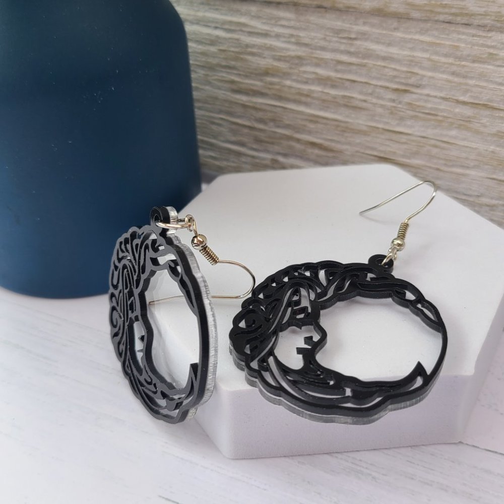 Steampunk Celestial Crescent Moon Lady Face Silhouette Dangle Earrings - Picture 2 of 5